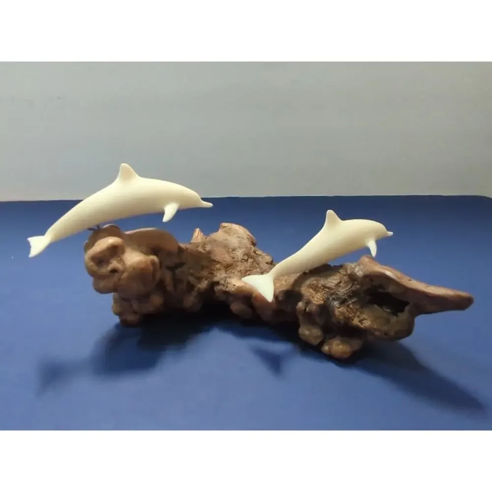 Vintage John Perry 9 In Dolphin Sculpture with Burlwood Base Collectible Figures